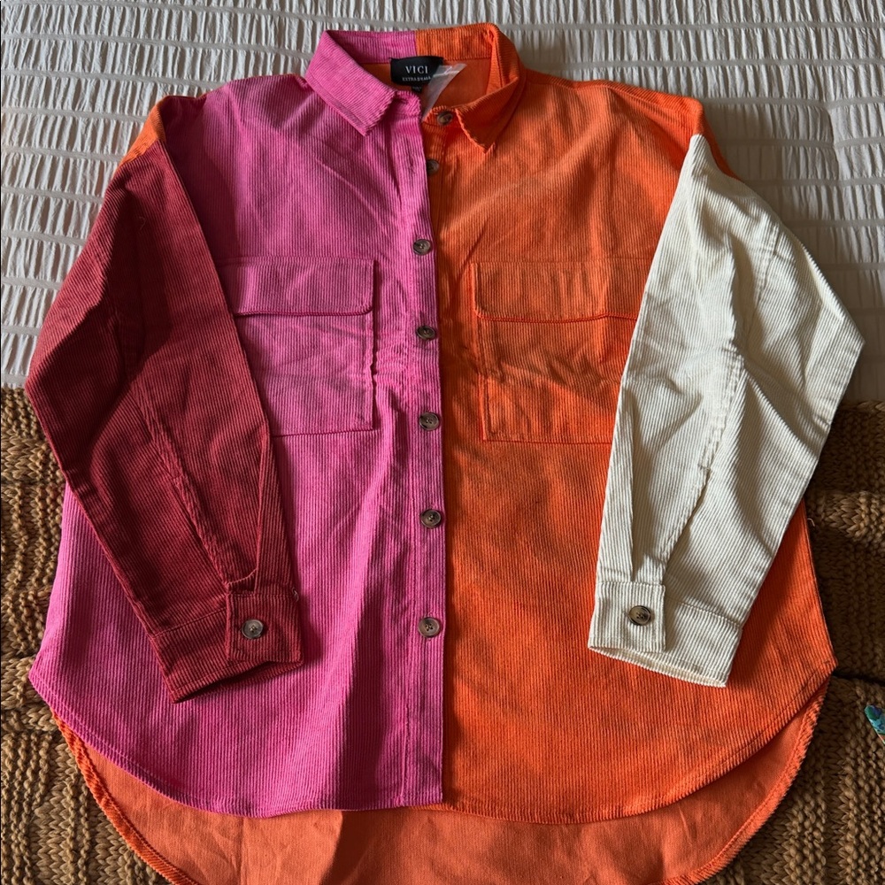 Vici Colorblock Corduroy Shirt - Pink, Orange, Cream - size XS, NWT